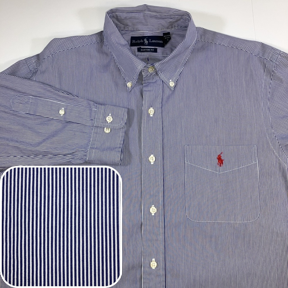 Polo Ralph Lauren Shirt Mens Large Blue White Stripe Custom Fit Button Down 16.5
